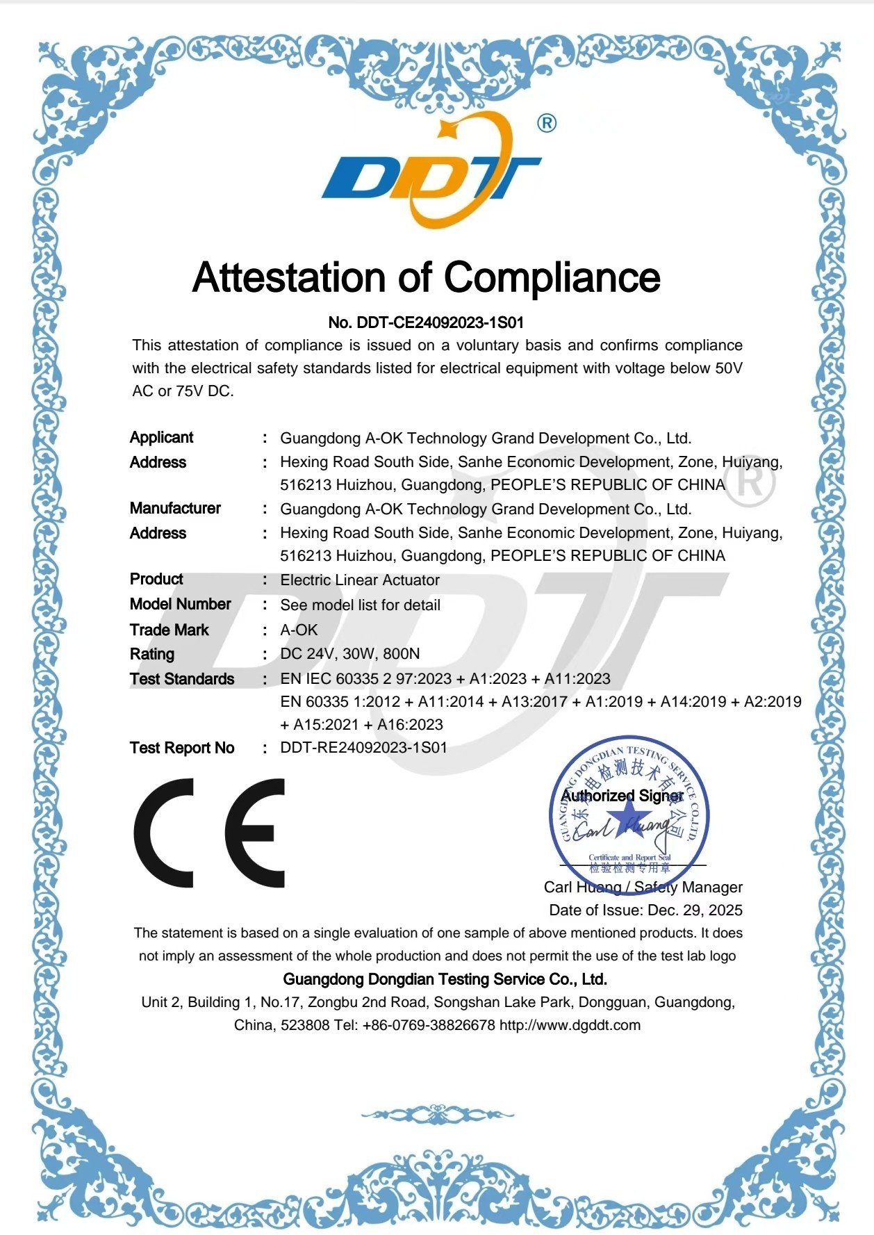 CE attestation of A-OK electric linear actuator (drive motor) - component supplier certificate